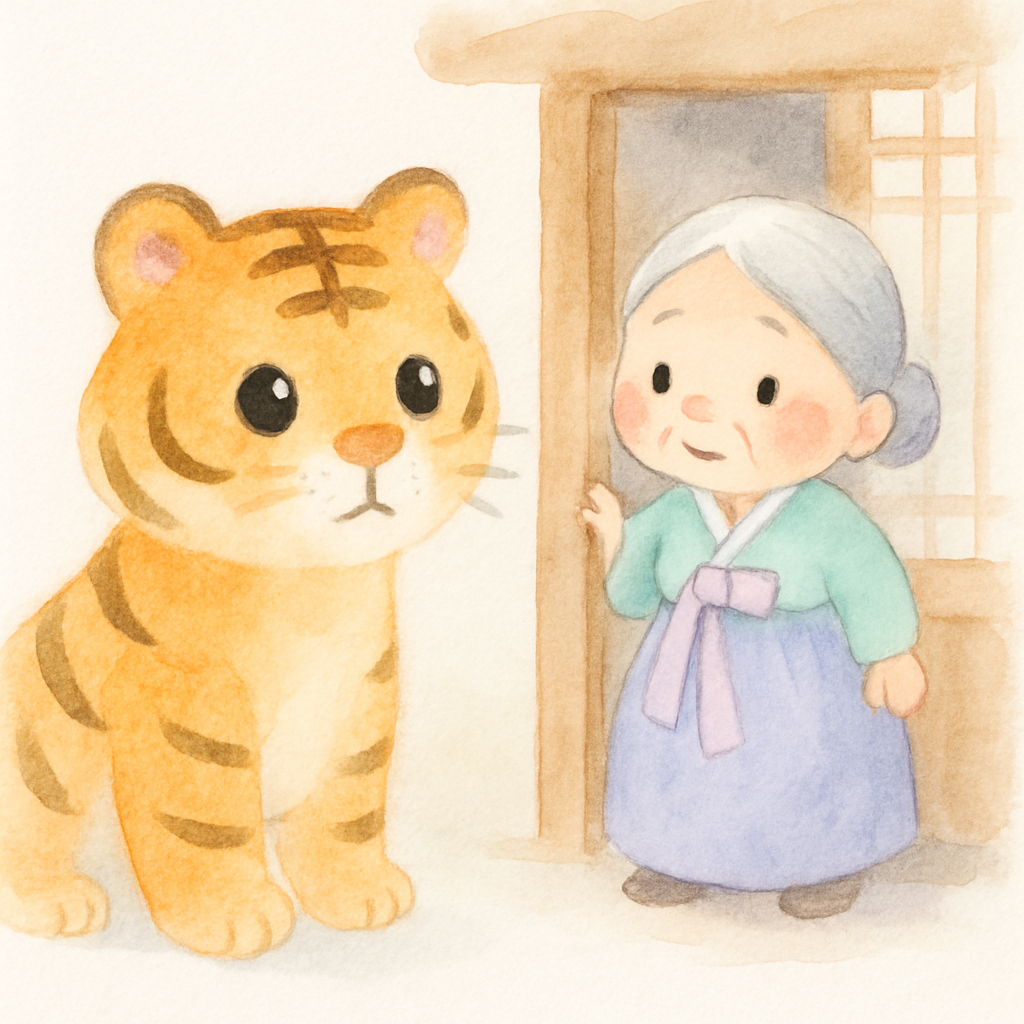 할머니 집 문 앞에 무섭게 서 있는 큰 호랑이